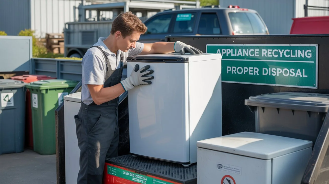 Man recycling mini fridge for proper disposal at an appliance recycling station.