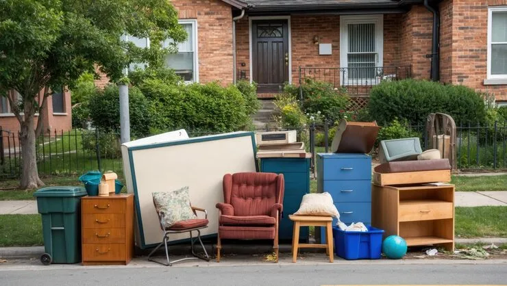Old furniture including a sofa, chairs, cabinets, and mattress placed on curbside for disposal and junk removal