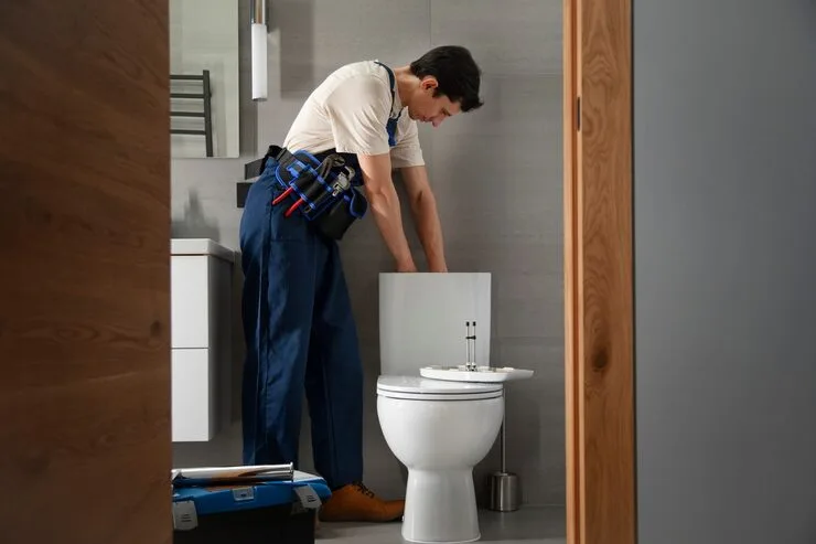 Professional plumber demonstrating how to dispose of a toilet safely in a modern bathroom