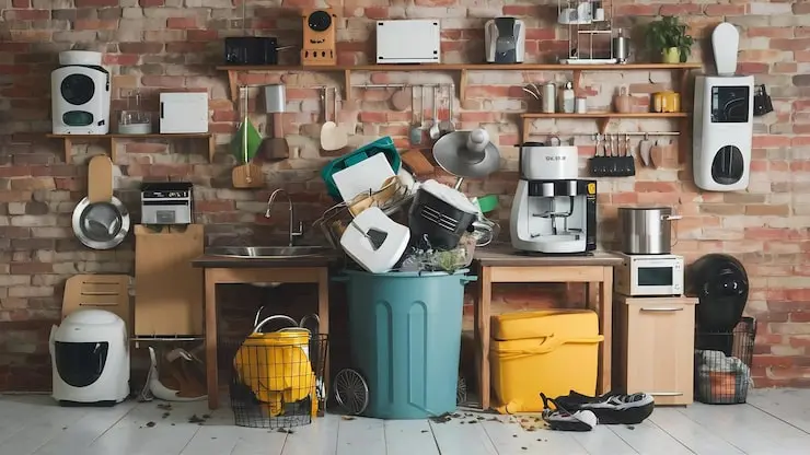 Cluttered kitchen with various small appliances and a trash can, representing the challenge of how to dispose of small appliances