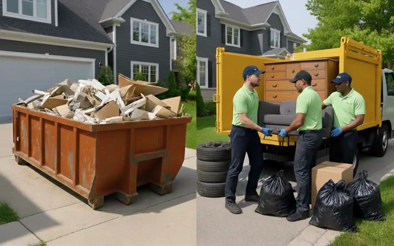 Dumpster rental vs junk removal comparison showing a roll-off dumpster and a junk removal truck at a home cleanout