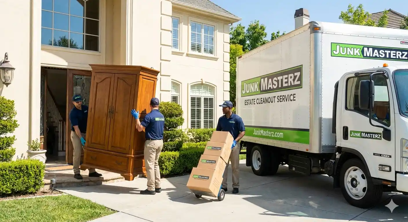 Estate cleanout service team removing old furniture, boxes, and household items from a home with a junk removal truck outside