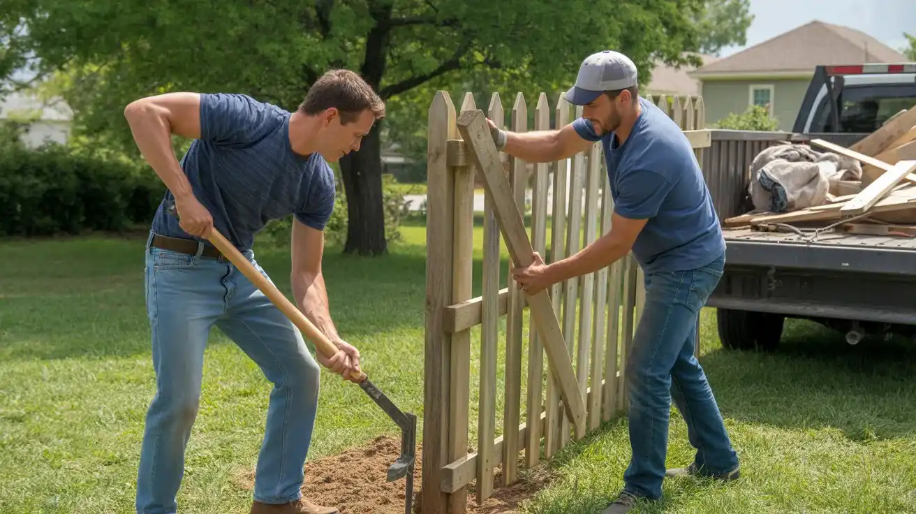 Fence removal cost per foot showing old wood and chain link fence removal in a residential yard
