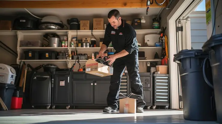 How to clean out a storage unit using the Four-Box Method with boxes labeled keep, sell, donate, and toss