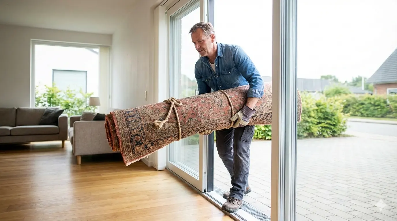 Homeowner carrying rolled-up carpet outside showing how to dispose of carpet safely