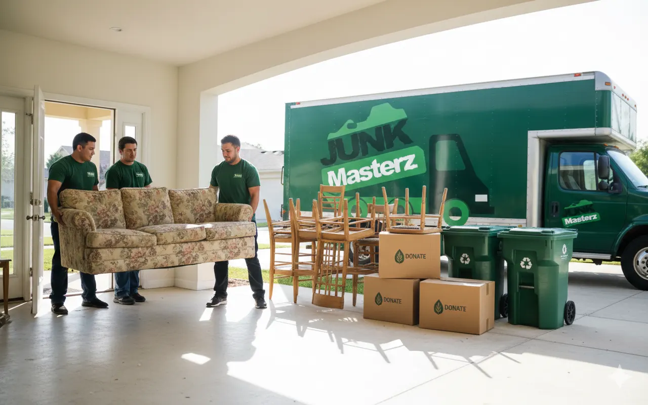 How to get rid of old furniture: Junk Masterz workers carrying sofa with donation boxes and recycling bins outside home