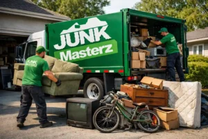 What do junk removal companies do? Junk Masterz workers loading old furniture and household junk into a green branded truck in a suburban driveway