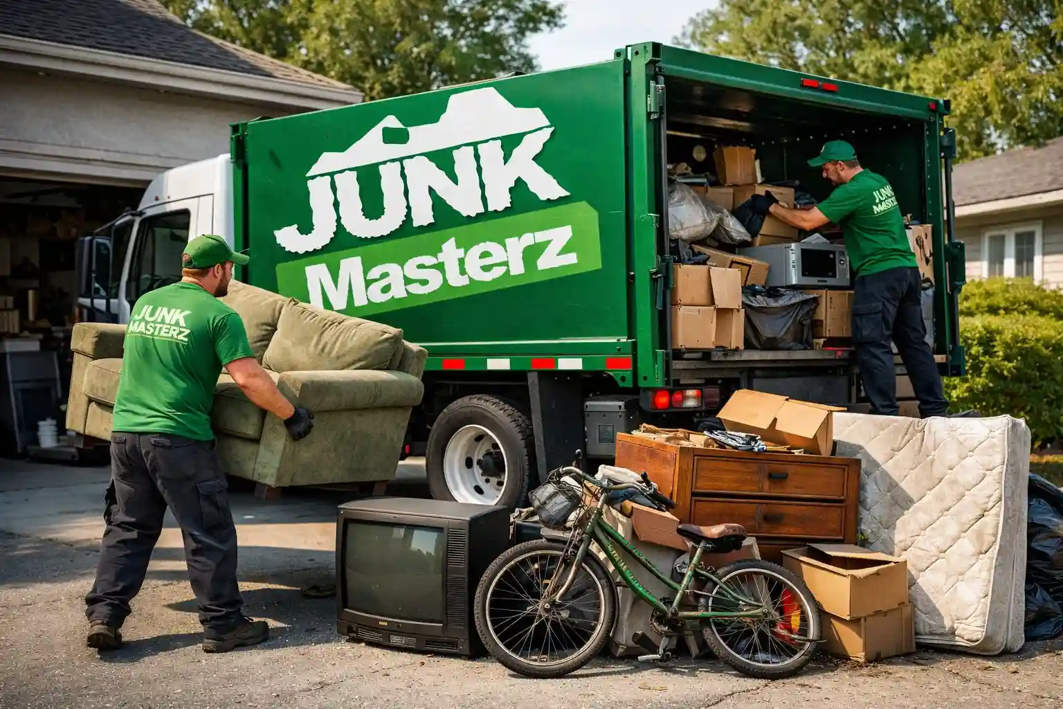 What do junk removal companies do? Junk Masterz workers loading old furniture and household junk into a green branded truck in a suburban driveway