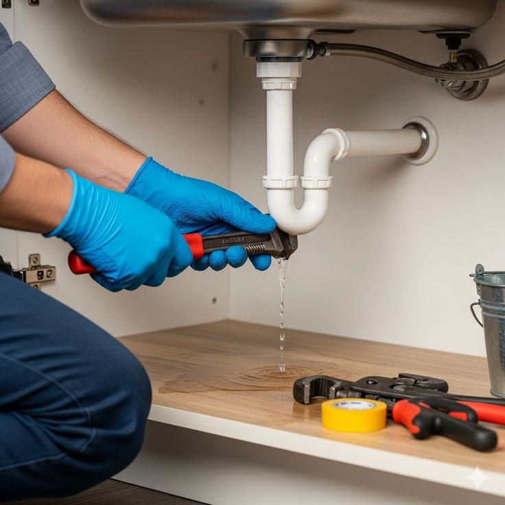 Garbage disposal leaking from bottom under kitchen sink with water dripping and tools nearby