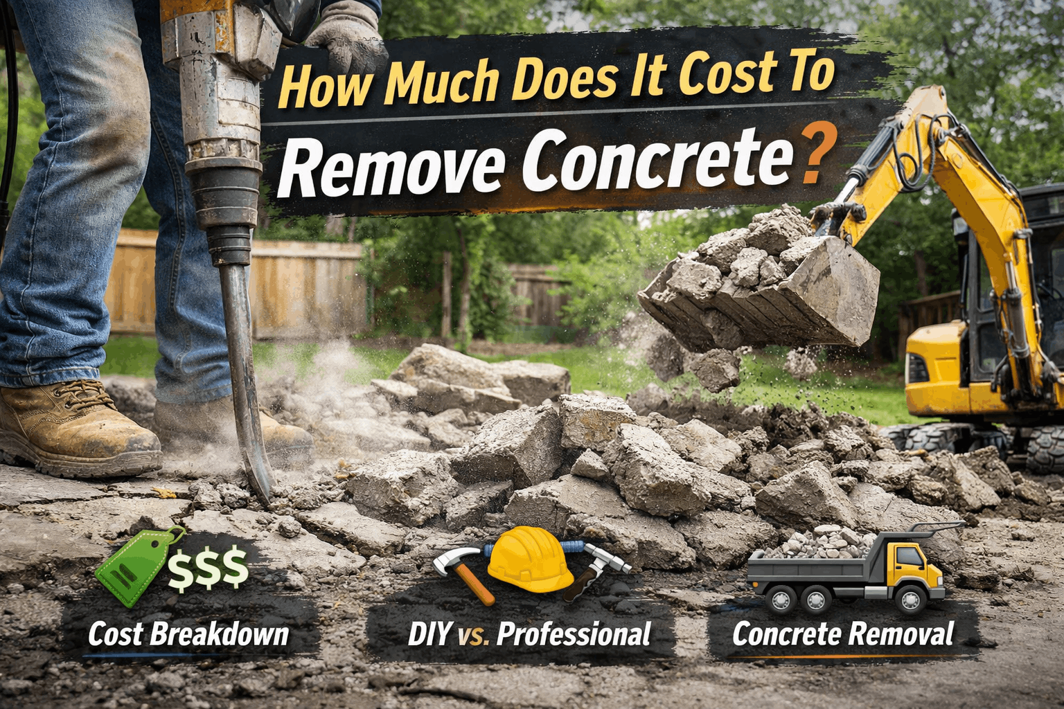 Construction workers using a jackhammer and excavator to remove a concrete driveway, showing how much does it cost to remove concrete and professional debris removal."