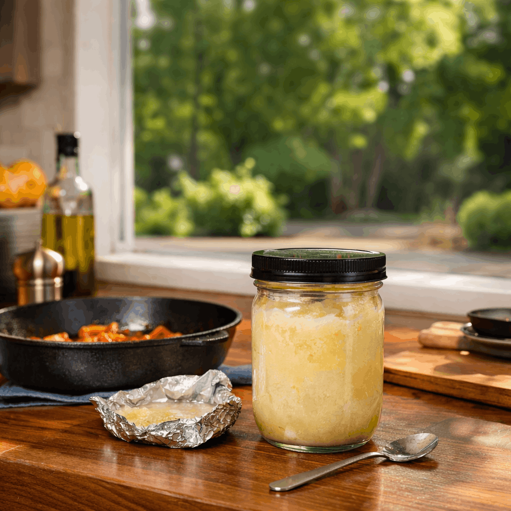 How to Dispose of Bacon Grease,Kitchen countertop with jar of cooled bacon grease and frying pan.