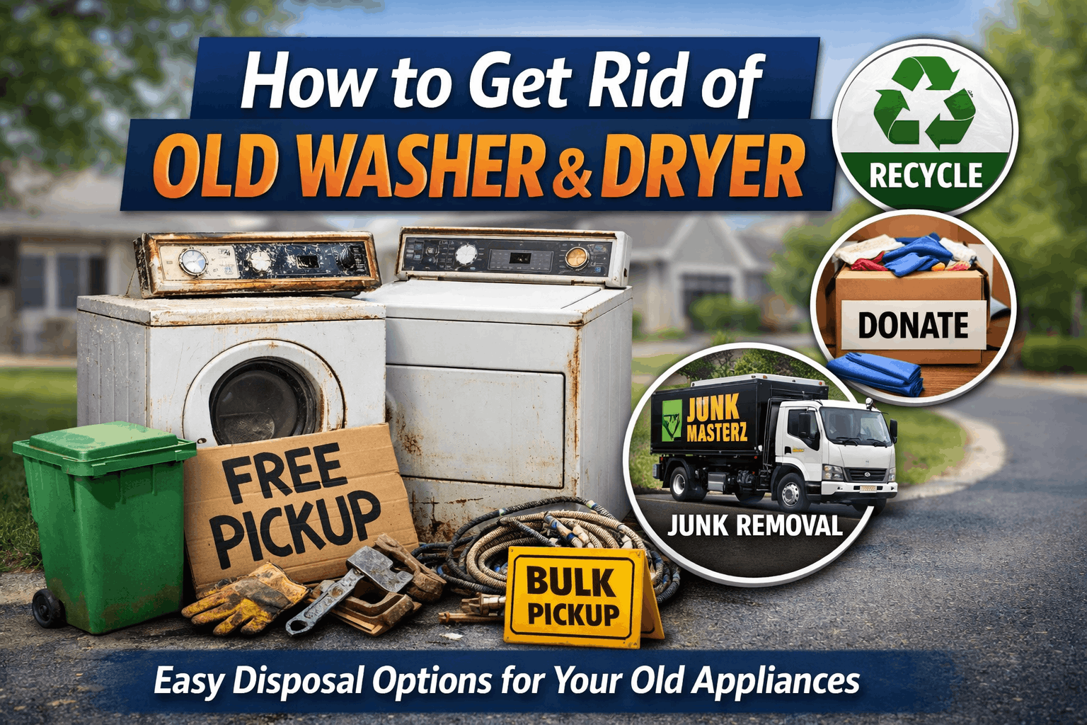 How to get rid of old washer and dryer with recycling, donation, and junk removal options shown