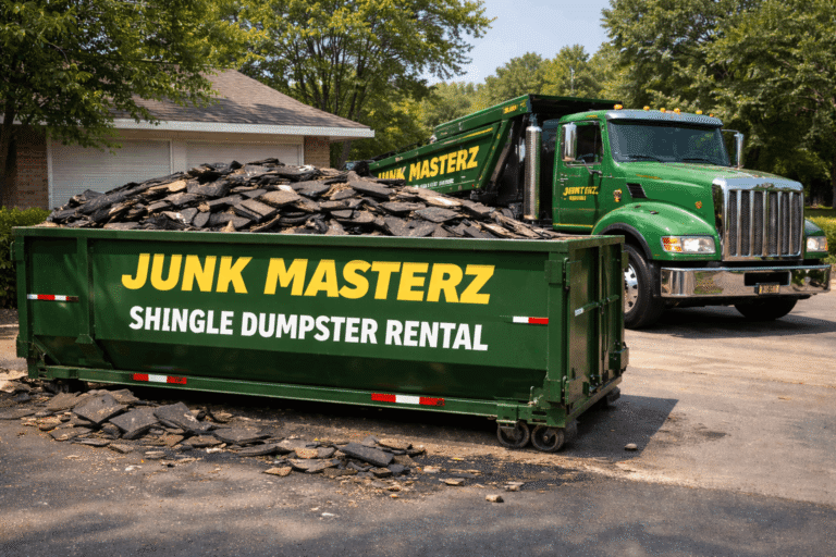 Dumpster filled with old roofing shingles during roof replacement project using dumpster rental for roofing shingles for safe and efficient disposal.