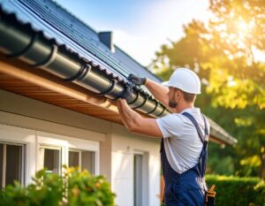 Homeowner safely removing old rain gutters from a house using a ladder.