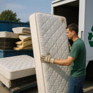 Workers recycling an old mattress by separating steel springs, foam, fabric, and wood materials for reuse.