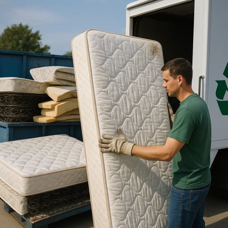 Workers recycling an old mattress by separating steel springs, foam, fabric, and wood materials for reuse.