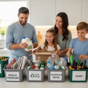 Family reducing household waste at home using recycling bins and reusable products
