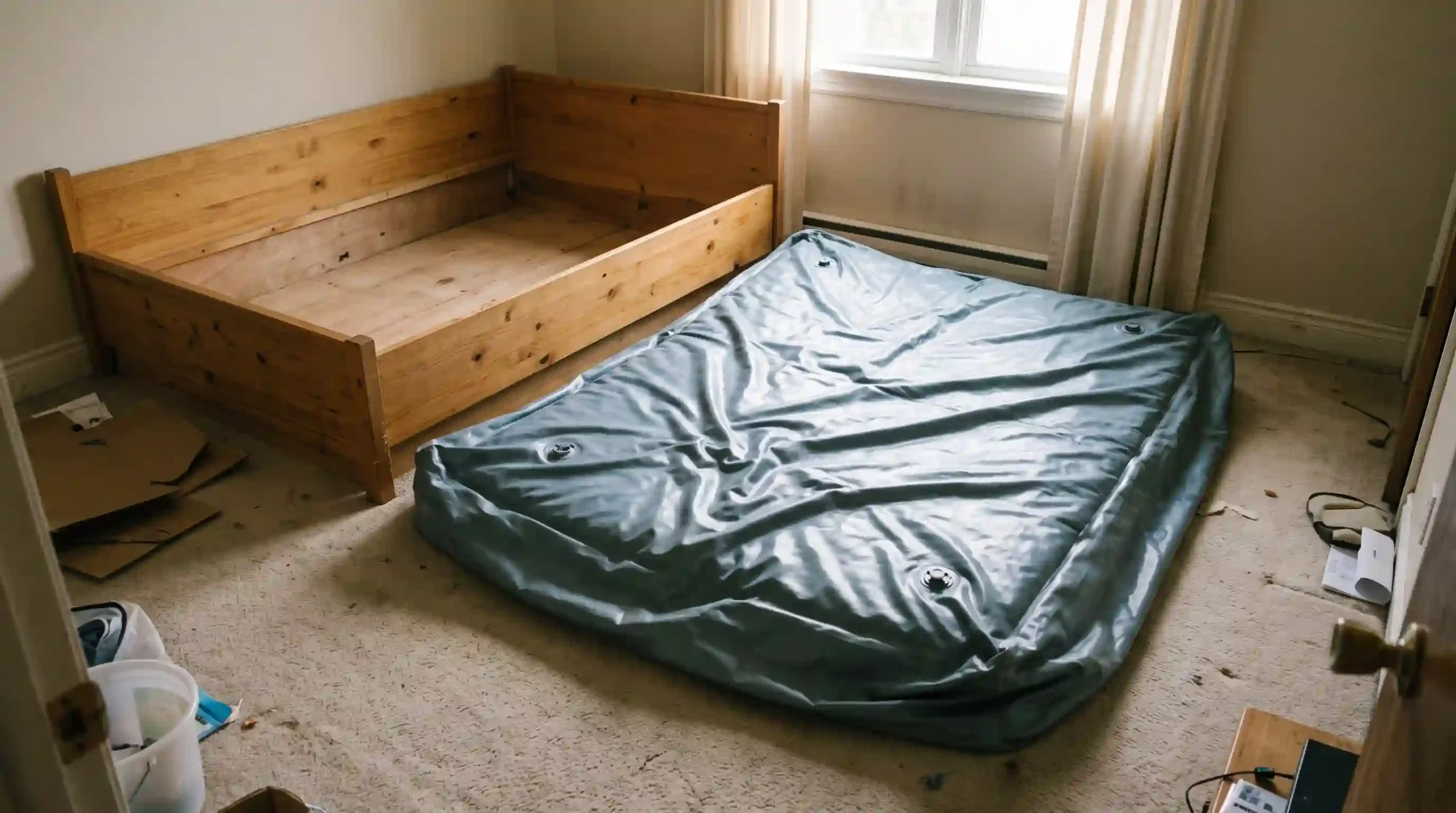 What to do with old waterbed mattress - deflated vinyl mattress next to empty wooden bed frame
